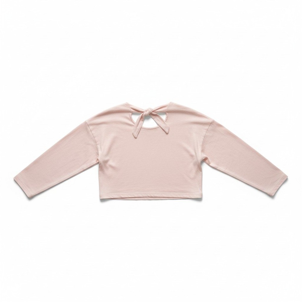Stefano World Wide Pink Bow Back Cropped Long Sleeve Top, Women's Medium, Cotton